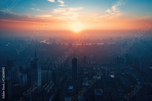 The sun is setting, casting a warm golden glow over the sprawling skyscrapers and bustling streets of a large city, Aerial view of a city's skyline at the brink of dawn, AI Generated