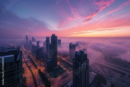 A photo capturing the obscured view of a city shrouded in fog on a gloomy day, Aerial view of a city's skyline at the brink of dawn, AI Generated