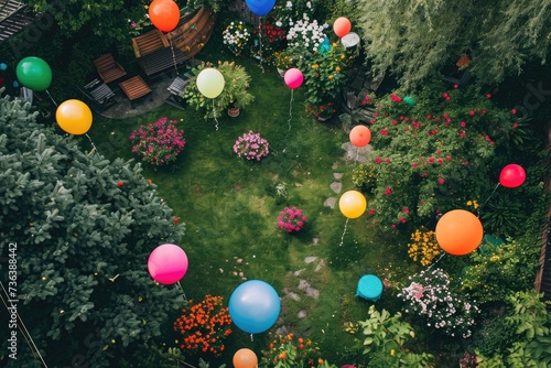 A vibrant yard filled with numerous colorful balloons and a variety of blooming flowers, Aerial view of a garden littered with vibrant birthday balloons, AI Generated