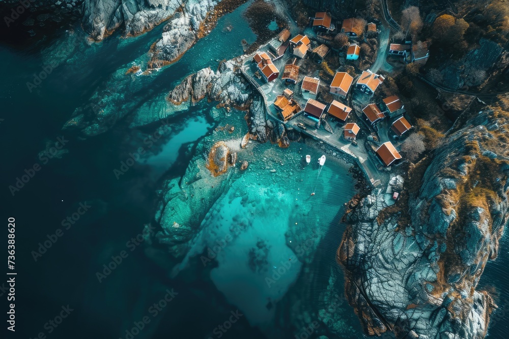 Birds Eye View of a Small Village on the Cliffs Edge, Aerial view of a small fishing village on a rugged coastline, AI Generated