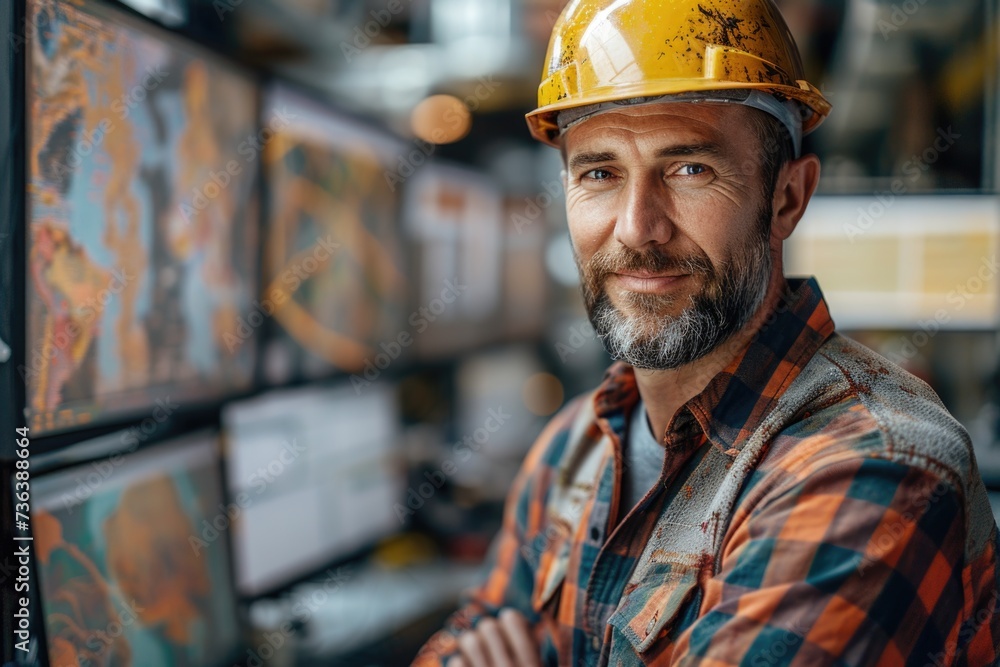 A focused geologist in a high-vis orange helmet analyzes vibrant geological maps on monitors, his expression a blend of curiosity and expertise. A focused geologist in a high-vis orange helmet analyzes vibrant geological maps on monitors, his expression a blend of curiosity and expertise.