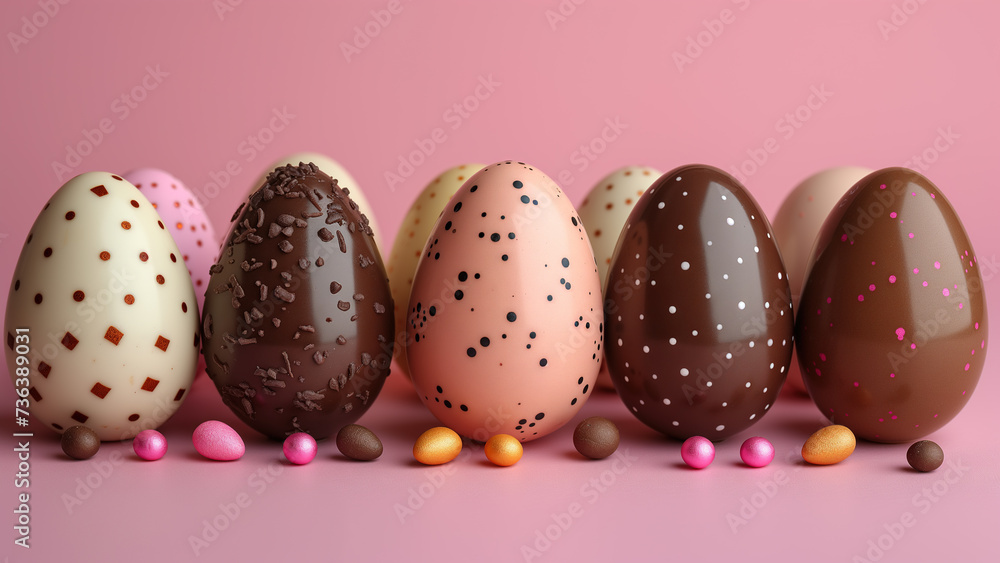 Easter wallpaper with chocolate eggs on a pink background
