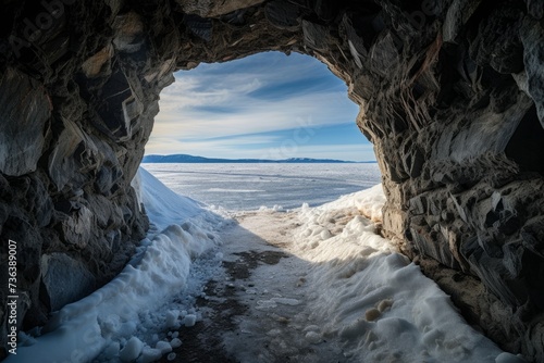 Winter Cave Opening with Majestic Mountain View - Perfect for Adventure and Travel Themes