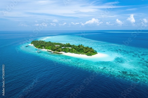 This photo captures an island covered in green palm trees, situated in the middle of a vast ocean, Aerial view of stunningly turquoise Maldives islands, AI Generated