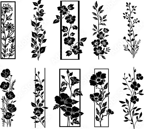Bookmark for book - coloring. Set of black and white labels with floral doodle patterns, hand draw in mehndi style. AI generated illustration.