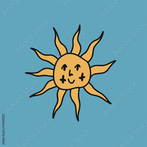 Sun with a face in boho, funky, hippie style. Flat vector illustration, hand drawn cartoon.