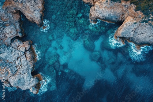 A body of water surrounded by rocks with clear blue water, Aerial vista showcasing a piercing blue sea rimmed by rocky cliffs, AI Generated