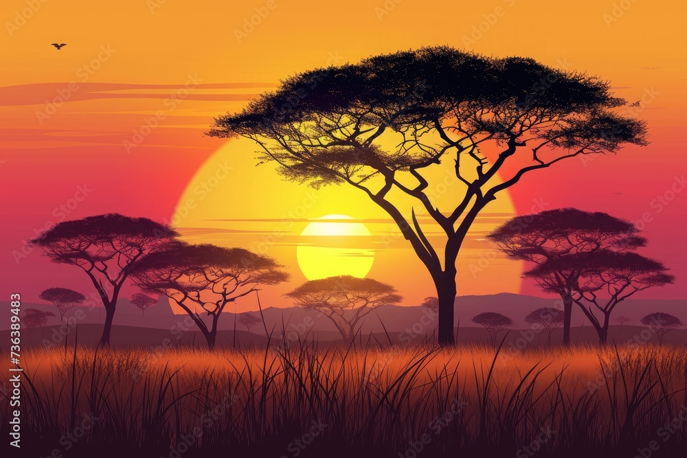 A realistic painting capturing the beauty of a vibrant sunset, with the silhouette of trees in the foreground, African savanna at sunset with silhouettes of trees, AI Generated