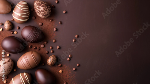 Easter wallpaper with chocolate eggs on a brown background with copy space photo