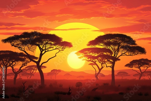 A colorful painting capturing a vibrant sunset with a striking silhouette of trees in the foreground, African savanna at sunset with silhouettes of trees, AI Generated