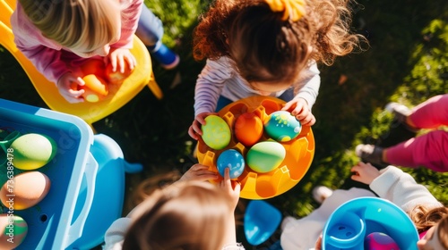 Cheerful children enjoying Easter crafts, coloring vibrant eggs at sunny outdoor table. Creative kids engage in holiday art, showcasing joy and teamwork in a playful setting photo