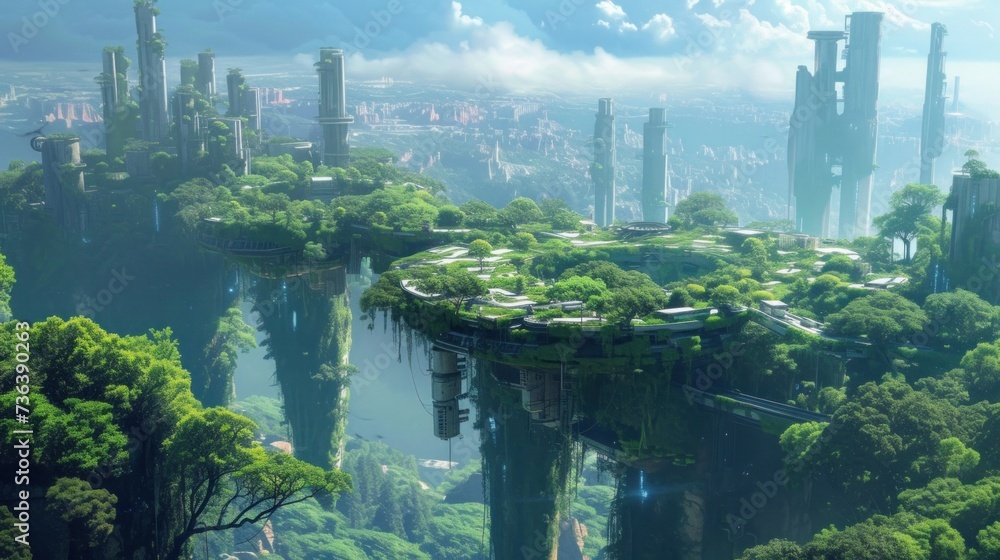 concept a futuristic aerial city exists together with a forest, the idea of an eco-friendly city of the future, poster