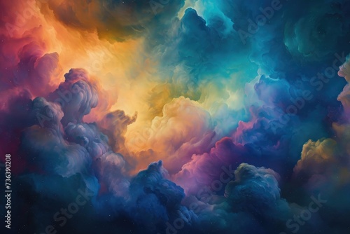 A painting depicting a vivid display of colorful clouds floating in the sky, Aluring cosmic cloudscape drenched in vibrant hues, AI Generated