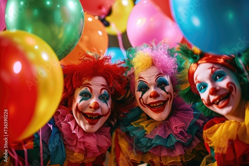 A Group of Clowns Standing Together for a Photo, Amusing clowns performing at a child's birthday party, AI Generated