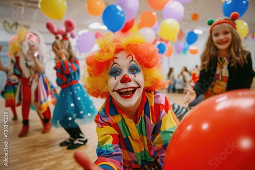A group of children in clown costumes holding colorful balloons and posing for a photo, Amusing clowns performing at a child's birthday party, AI Generated