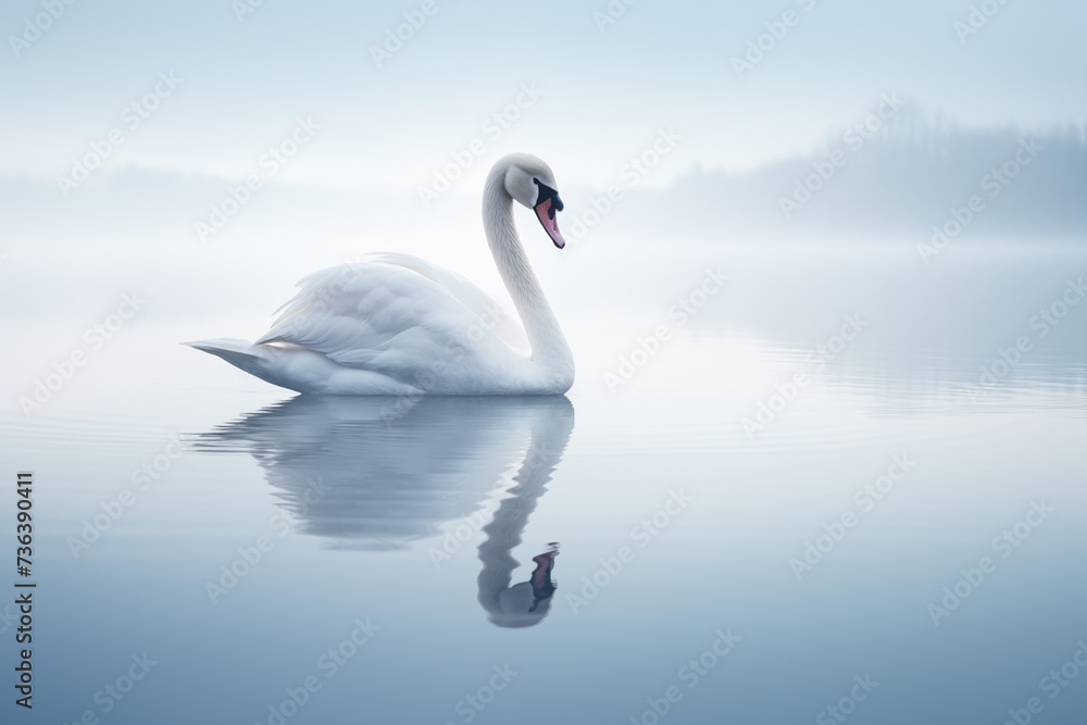 Weißer Schwan spiegelt sich im tiefblauen See, Reflektion eines Schwans im Wasser Weißer Schwan spiegelt sich im tiefblauen See, Reflektion eines Schwans im Wasser