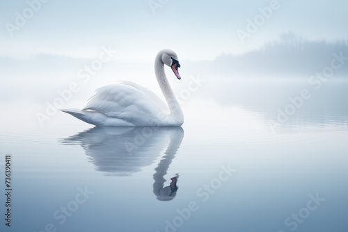 Wei  er Schwan spiegelt sich im tiefblauen See  Reflektion eines Schwans im Wasser