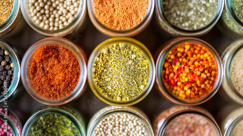  A composition of colorful spices in small glass jars forms a visually stimulating arrangement