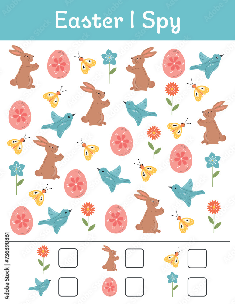 Fototapeta premium Easter math worksheet. I spy. Mathematic activities for schooling, early education. Counting educational logical game. Kid lessons, Easter preschool kindergarten educational Montessori activity.