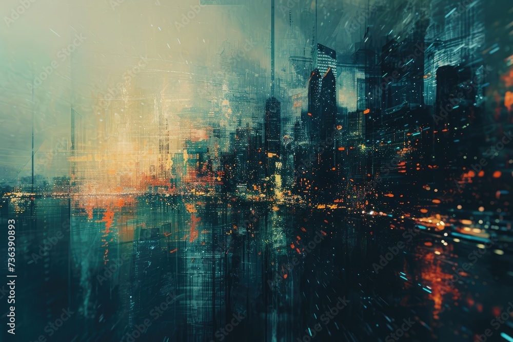 View of This photo depicts a lively cityscape with tall buildings and vibrant ...