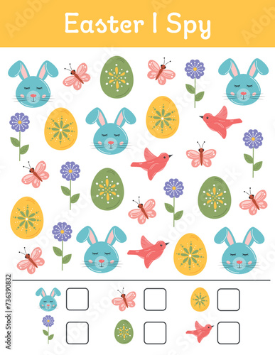 Easter printable worksheets. I spy, count for early education. Educational math, counting worksheets for kids, preschoolers and toddlers. Busy book page. Learning mathematic for children.