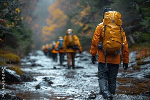 Hikers in orange jackets trekking through a wet forest.