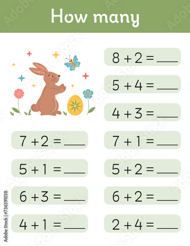 Math Easter worksheet printable for school children, first grade, preschool. Addition, subtraction, useful mathematical games for kindergarten. Teacher resources, homeschooling, pedagogic purposes.