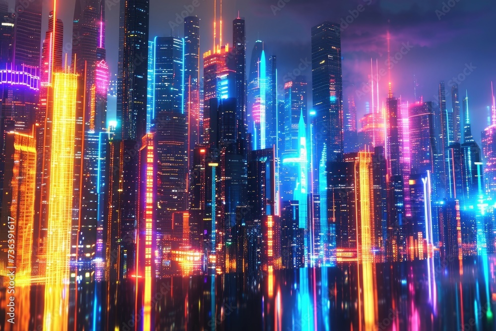 A bustling futuristic city is illuminated by vibrant neon lights that decorate the towering skyscrapers, An abstract visualization of a future city skyline with neon colors, AI Generated