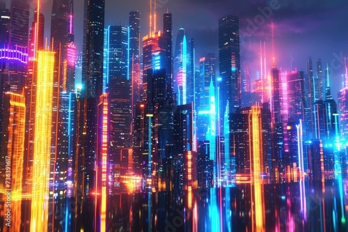 A bustling futuristic city is illuminated by vibrant neon lights that decorate the towering skyscrapers, An abstract visualization of a future city skyline with neon colors, AI Generated
