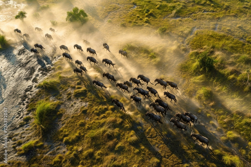 Herd of Wild Animals Walking Across a Lush Green Field, An aerial image ...