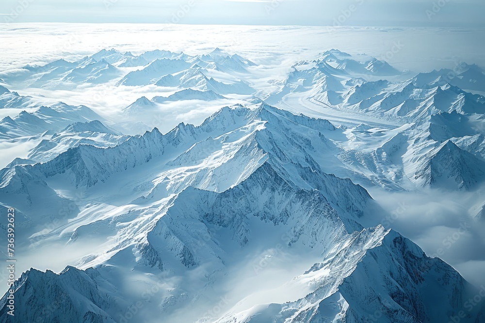 Fototapeta premium A scenic view showcasing a snow-capped rocky mountain range as seen from the window of an airplane during flight, An aerial shot of a snowy mountain range, AI Generated
