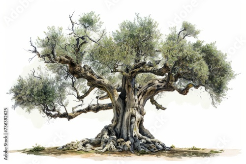Isolated Artistic Depiction: Ancient Olive Tree On Plain White, Embracing A Botanical Theme. Сoncept Graffiti Art, Street Murals, Urban Photography, Creative Portraits