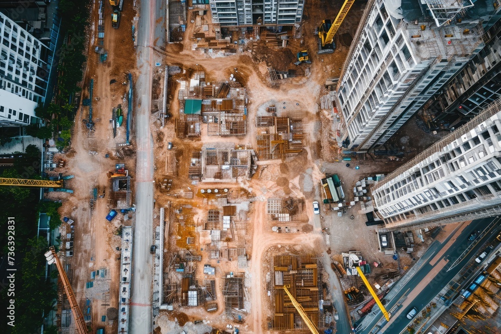 This photo captures the hustle and bustle of a construction site in a city, showcasing various workers and heavy machinery in action, An aerial view of a bustling construction site, AI Generated