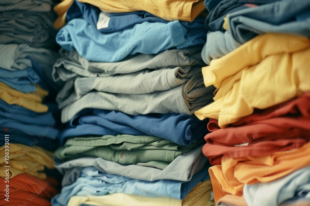 Tidy Stacks Of Tshirts: Symbol Of Freshness And Cleanliness In Laundry. Сoncept Freshly Folded Laundry, Organized Clothing Piles, Tidy T-Shirt Stacks, Clean And Neat Wardrobe