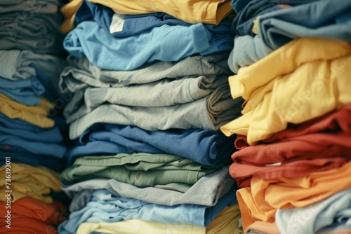 Tidy Stacks Of Tshirts: Symbol Of Freshness And Cleanliness In Laundry. Сoncept Freshly Folded Laundry, Organized Clothing Piles, Tidy T-Shirt Stacks, Clean And Neat Wardrobe