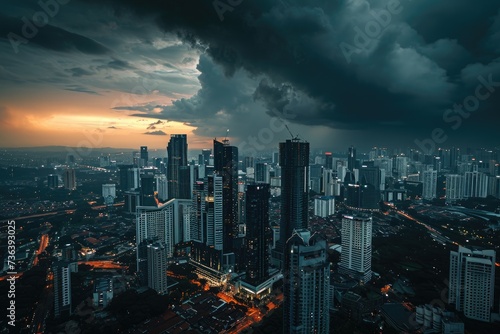 A view of a city with towering buildings reaching into the sky against a backdrop of clouds, An aerial view of a city's skyline against a stormy sky, AI Generated