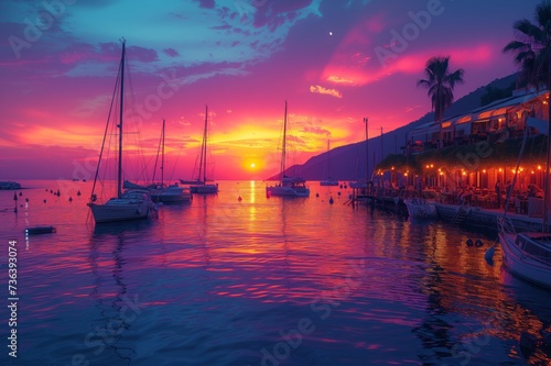 Romantic evening in harbor promenade yachts on sea with sunset in summer day