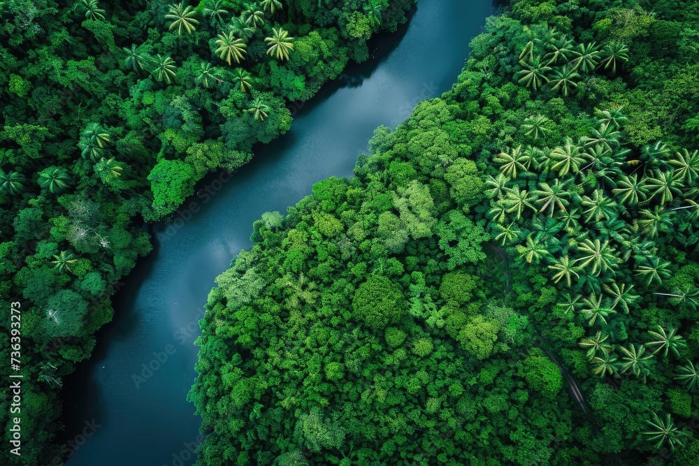 A clear river meanders through a vibrant, dense forest teeming with lush greenery, An aerial view of a dense jungle with a river cutting through it, AI Generated