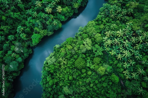 A clear river meanders through a vibrant, dense forest teeming with lush greenery, An aerial view of a dense jungle with a river cutting through it, AI Generated