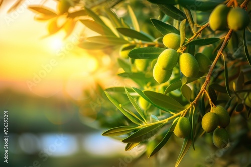 Olive Tree Branch: Detailed Focus On Nature's Beauty Amidst A Soft And Serene Background. Сoncept Sunset Silhouettes