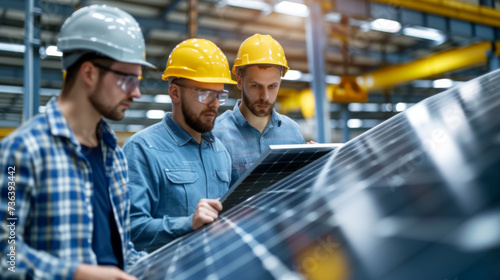 Group of male engineers working with solar panel in industry factory