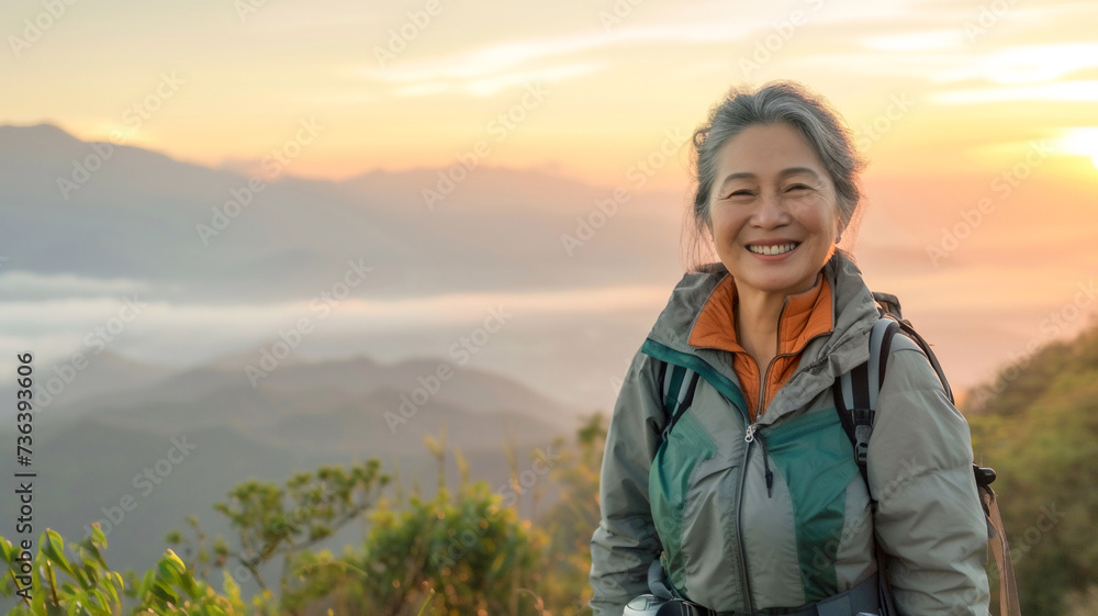 Happy healthy retired woman trekking with beautiful view with mountain . Happy retirement .