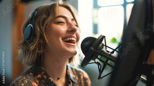 Happy female influencer or contentcreator recording audio for podcast in studio .Recording video or audio . photo