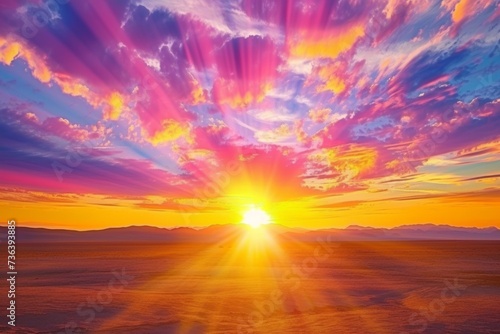 Radiant Colors Illuminate The Horizon As The Sun Ascends Over The Arid Landscape. Сoncept Desert Sunrise, Vibrant Shades, Majestic Landscape, Golden Hour, Sun-Kissed Beauty