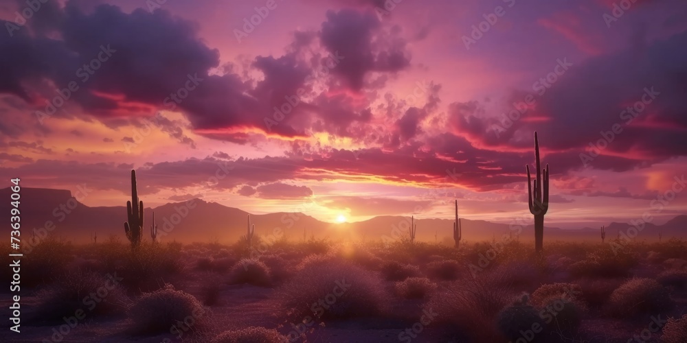 Obraz premium Captivating Sunset Scene In Arizona's Desert, Highlighting Majestic Saguaro Cacti. Сoncept Exhilarating Adventure Activities, Breathtaking Mountain Views, Serene Beach Getaways, Vibrant City Life