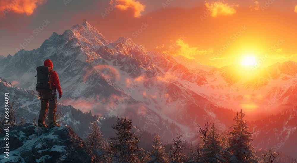 Amidst the towering mountains and vibrant sunset, a lone hiker braves the fog and snow-covered landscape, soaking in the beauty of nature's canvas