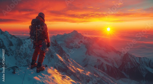 Amidst the serene beauty of a snow-capped mountain at sunset, a hiker stands in awe with a backpack, ready to conquer the summit and embrace the raw power of nature