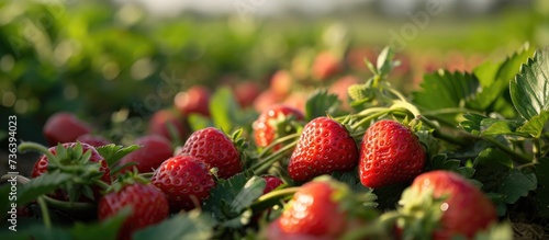 Organic open field cultivation of ripe strawberries.