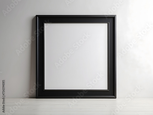 Empty black wooden frame filled with a white matte board hanging on a blank wall created with design.