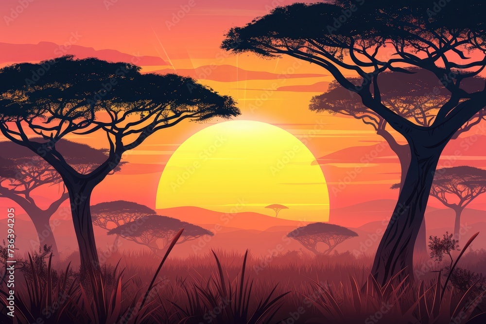 A Painting of a Sunset With Trees in the Foreground, An African safari-esque background, complete with a held sunset and acacia trees, AI Generated A Painting of a Sunset With Trees in the Foreground, An African safari-esque background, complete with a held sunset and acacia trees, AI Generated